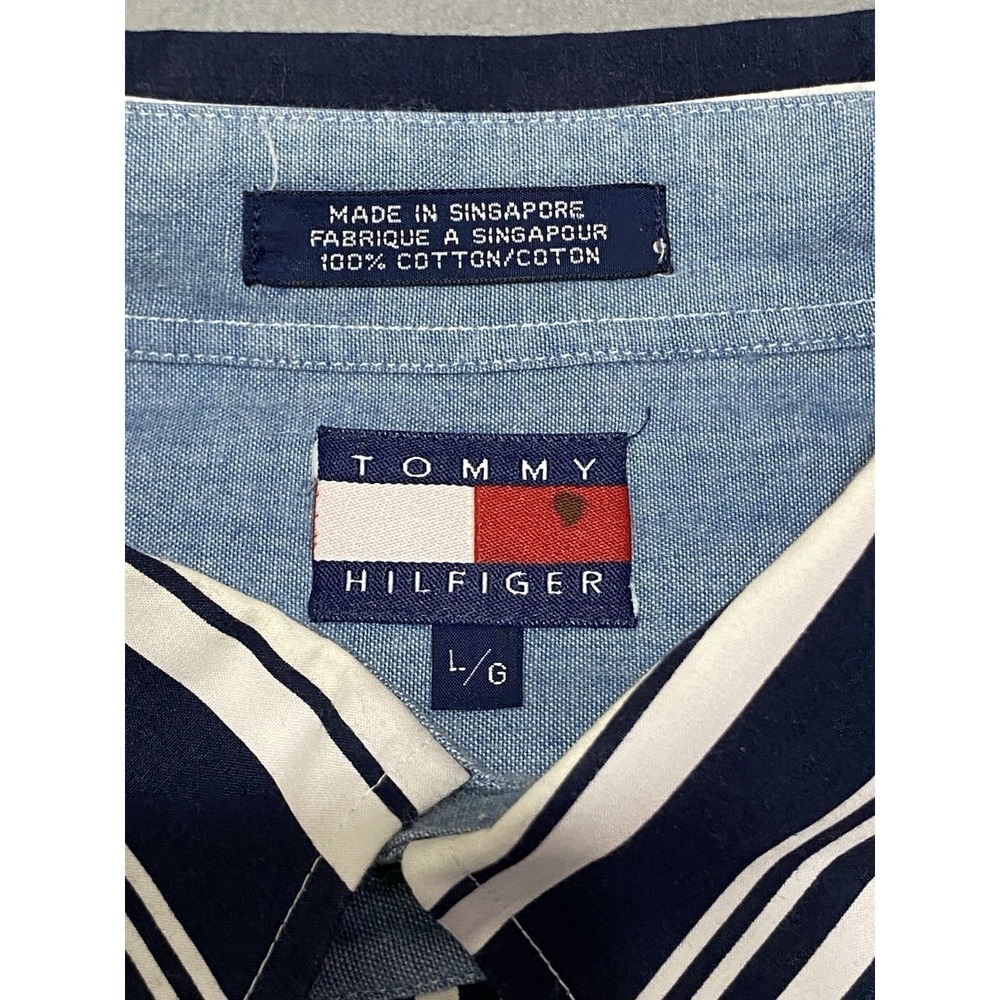 Tommy Hilfiger Mens Large Navy White Mixed Stripe Button Down Cotton Shirt - Picture 2 of 9